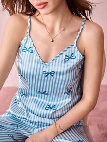Bonmuse 蝴蝶结条纹印花仿丝吊带背心和裤子女士睡衣套装 - 藍色 - 查看 9