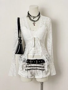 SHEIN DivaQ Women's Sexy Contrast Lace V-Neck Lace Trim Blouse - White - View 5