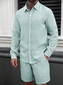 Manfinity RSRT Men's Casual Vacation & Commute Solid Color Long Sleeve Shirt And Drawstring Waist Shorts Set, Spring/Summer, Holiday - Mint Green - View 4