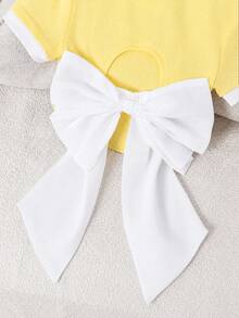 Camiseta corta de punto de unicolor ajustada y sin espalda con decoración de lazo de organza sobredimensionado para niña, elegante estilo francés, de vuelta al colegio, Y2K, estilo dulce y fresco de señorita - Amarillo - Ver 3