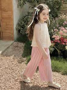 Elladie kids 女童夏季白色和蓝色镂空花卉流苏设计无袖上衣和阔腿裤套装，适合日常外出、休闲旅行、度假、与朋友聚会和拍照。 - 粉色 - 查看 6