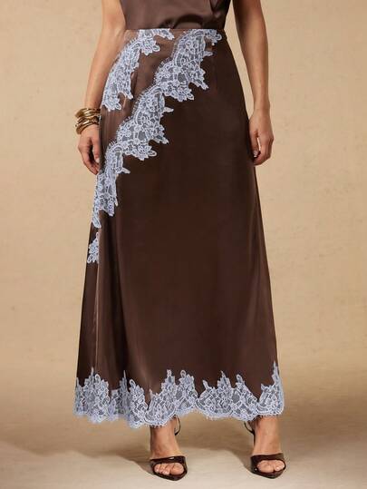 Silquee Women's Brown Satin Patchwork Lace-Trimmed Midi Skirt, Spring/Summer Style, Suitable For Summer Wear, Commuting, Social Occasions, Weddings, Graduation Parties, Parties And Holidays. It's A Sophisticated Summer Midi Skirt.