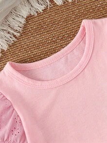 SHEIN Vintaside Kids 女童夏季休闲纯色镂空刺绣花瓣袖T恤 - 粉色 - 查看 3