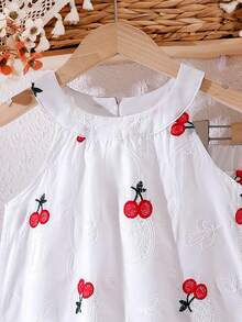 SHEIN Elladie kids 少女象牙色无袖樱桃刺绣上衣和直筒裤两件套，优雅妩媚的夏季套装 - 白色 - 查看 9