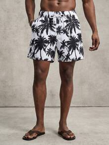 PAVTROS Swim Trunks For Men Drawstring Waist Security Pockets Lightweight 4-Way Stretch Palm Tree Floral For Resort Casual,Beach VacationBlack And White Fabric Non-Stretch Beach Shorts,Hawaiian - Black and White - View 1