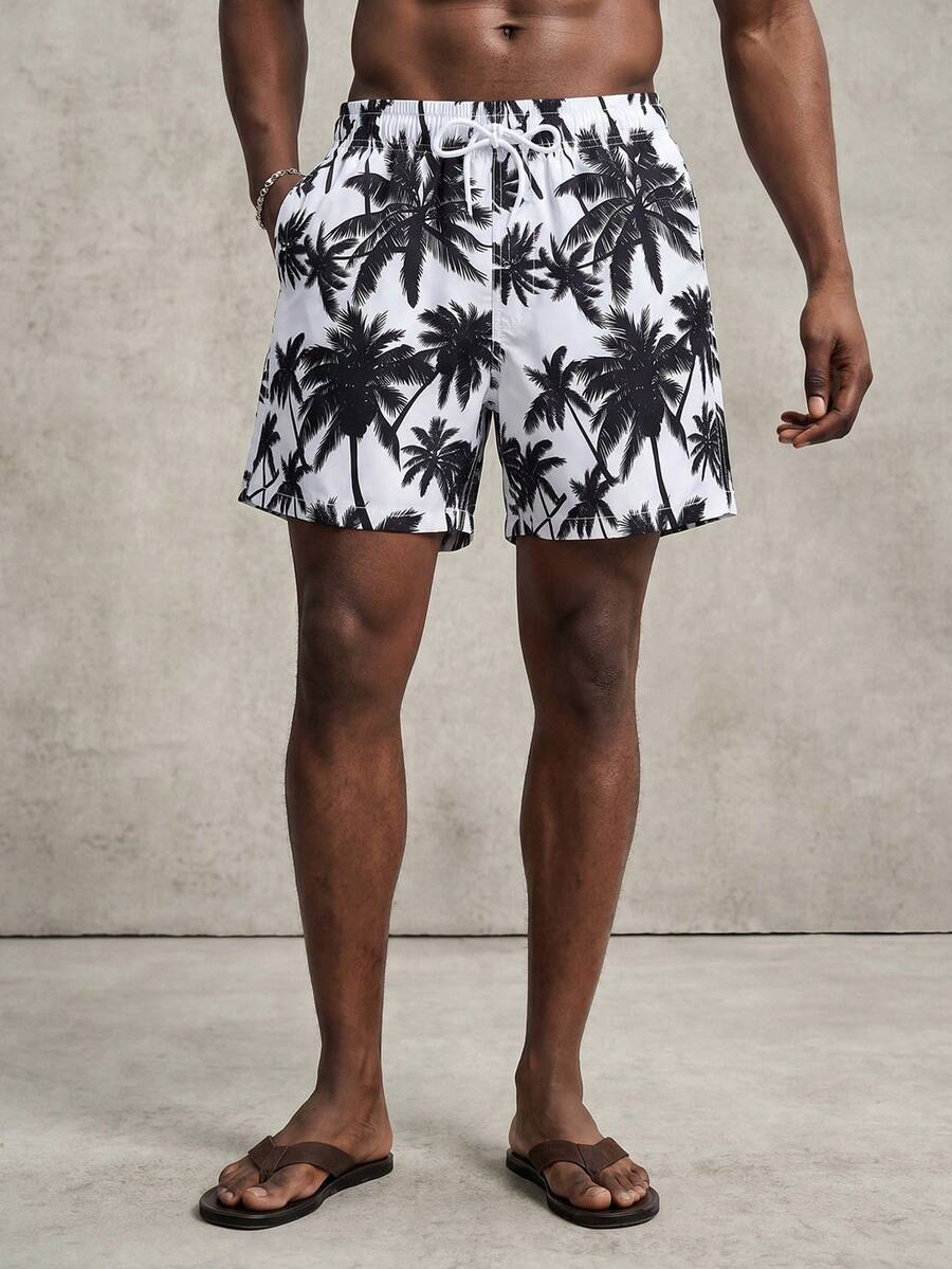 PAVTROS Swim Trunks For Men Drawstring Waist Security Pockets Lightweight 4-Way Stretch Palm Tree Floral For Resort Casual,Beach VacationBlack And White Fabric Non-Stretch Beach Shorts,Hawaiian - Black and White - View 1