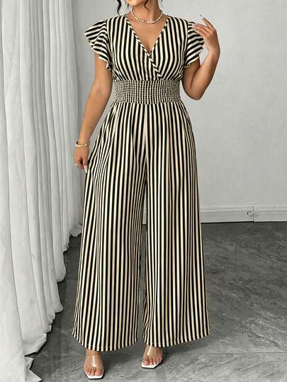 Elenzga Bộ jumpsuit cỡ lớn họa tiết hoa nhí với ống quần thẳng và tay áo loe, thanh lịch.