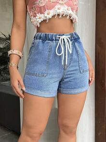SHEIN Tall Women's Drawstring Waist Casual Versatile Daily Wear Denim Shorts - Blue - View 3