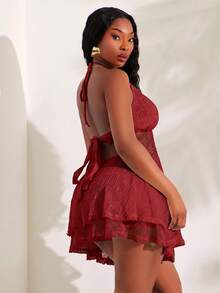 SHEIN SXY Plus Size Draped Neck Backless Top And Skirt 2 Pieces Set, Red Beach Vacation Summer Sexy - Burgundy - View 2
