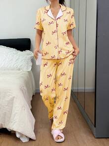 Napfluff 条纹蝴蝶结印花撞色滚边女士睡衣套装 - 黃色 - 查看 5