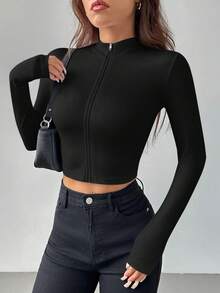 SHEIN PETITE 簡約休閒基本款秋冬半高領拉鍊領V領長袖修身彈性女上衣，適合嬌小女性 - 黑色 - 查看 8