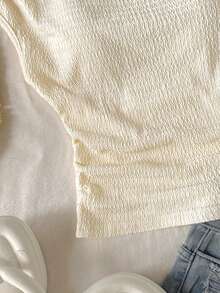 Tween Girls' Summer Casual Vacation & Commute Knotted Asymmetrical Neck Pleated Fitted Blouse - Beige - View 5