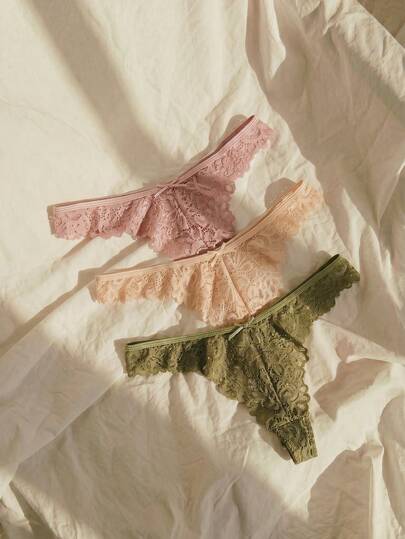 Lullawish 3 件套女士浪漫法式蝴蝶结蕾丝内裤套装蝴蝶结装饰性感