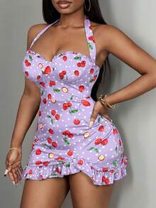 Slaydiva Vestido ajustado mini con estampado de cerezas 2025 nuevo - Púrpura malva - Ver 4