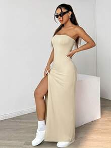 SHEIN EZwear 女士卡其色开衩夏季连衣裙，春季夏季连衣裙 - 卡其色 - 查看 6