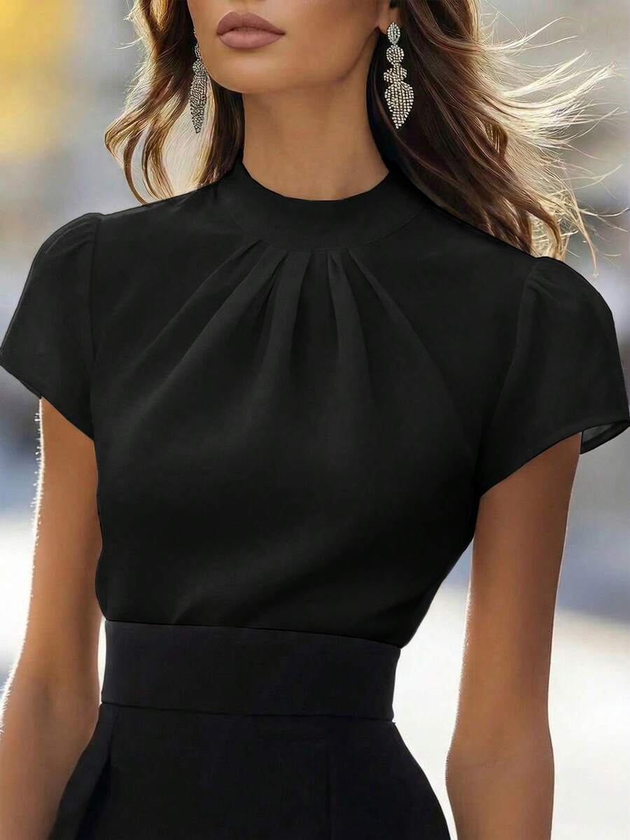 Balvessa Nueva llegada Primavera/Verano Blusa con cuello, plisada, manga corta abullonada, diseño minimalista de unicolor versátil para mujeres - Negro - Ver 1