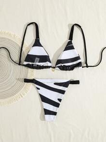 Swim Vcay Bộ bikini tam giác cạp thấp họa tiết sọc ngựa vằn gợi cảm dành cho nữ, có dây đeo điều chỉnh được, trang phục đi biển đa năng. - Đen và trắng - Xem 2