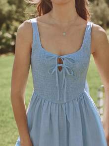 WESTFADE Đầm midi 100% cotton, cổ tròn xếp ly, dây buộc nơ, eo chữ V, xếp tầng, bèo nhún, dáng xòe. - Màu xanh lam - Xem 5