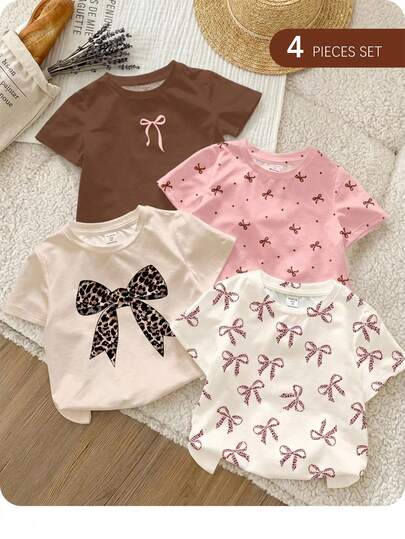 SHEIN 4件套女婴休闲简约蝴蝶结装饰圆领短袖T恤，奶油白、奶油米色、奶油粉、复古豹纹蝴蝶结、迷你波点蝴蝶结图案，四季皆宜