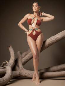 Hauture Monokini de una pieza con cuello halter sexy y recorte, con decoración de piedra de mármol estilizada para mujer - Óxido marrón - Ver 3