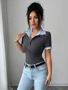 SHEIN Elenzya Best-Selling Blue & White Striped Collar Patchwork Black Knit Buttoned Cuff Decor Short Sleeve Striped Knit T-Shirt - Grey - View 7