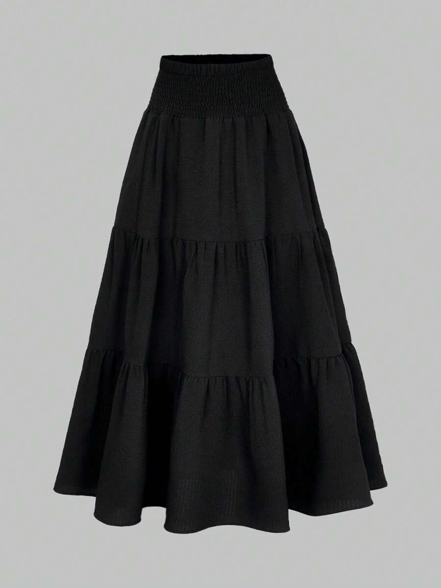 Girlism Váy dài xếp ly màu trắng cho thiếu nữ, kiểu boho, cạp chun kiểu túi giấy, viền xếp ly ở gấu váy. - màu đen - Xem 1