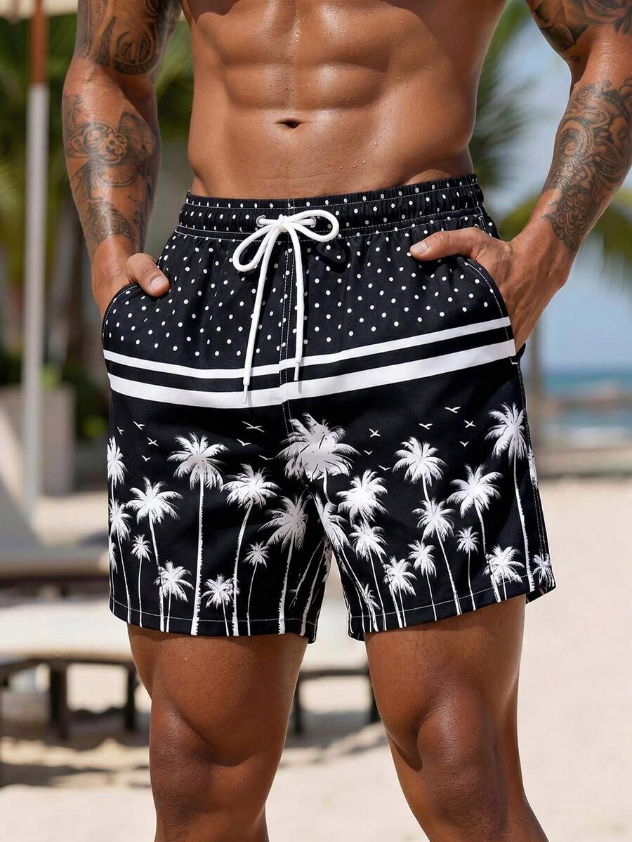 ZELFYO Men's Casual Polka Dot & Coconut Tree Print Beach Shorts - Black - View 1