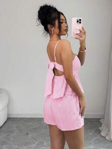Selianne Camiseta sin espalda de lino con cuello en V profundo a rayas azul y blanco, de cintura baja con cordón, suelta y casual, corta y sexy, elegante para el verano para mujer, diseño con lazo sin espalda para vacaciones de verano - Rosa - Ver 4