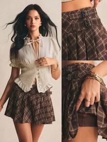 Poéselle Shorts plissados xadrez femininos da moda para o verão - Castanho - Ver 1