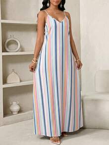 SHEIN Lady Plus Size Women Blue And White Stripe Casual Boho Party Vacation Outing Spaghetti Strap Dress Summer - Multicolor - View 3