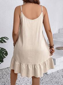 SHEIN LUNE CURVE Plus Size Summer Casual Solid Color Ruffle Hem Camisole Dress - Khaki - View 2