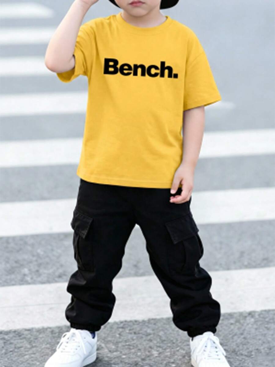Young Boy Graphic Slogan Print Summer Fashion Round Neck Short Sleeve T-Shirt Paired With Cargo Pants Set,Comfortable Lightweight Casual Street Style - Multicolor - View 1