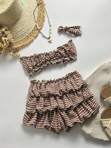 Swim Mod Conjunto de traje de baño sexy para mujer con parte superior de tirantes finos con estampado de lunares y espalda descubierta, y Bottom con volantes, para primavera/verano, atuendo de playa - Multicolor - Ver 6