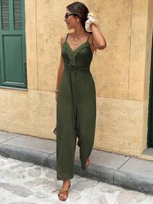Serisse Women's Solid Color Patchwork Fringe Design Jumpsuit, Vacation Wear - Army Green - View 3