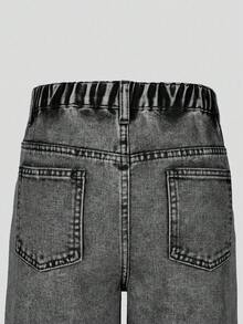 SHEIN Y2K复古做旧灰色牛仔裤，适合青少年女孩，松紧腰宽松阔腿设计，饰有3D雏菊刺绣，采用舒适的纯棉牛仔面料，适合休闲、上学、通勤、暑假、户外聚会等多种场合。 - 深灰色 - 查看 7