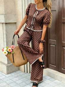 SHEIN PariChic Bộ đồ 2 món thanh lịch cổ tròn tay ngắn bèo nhún thắt eo chấm bi dành cho nữ - màu nâu - Xem 4