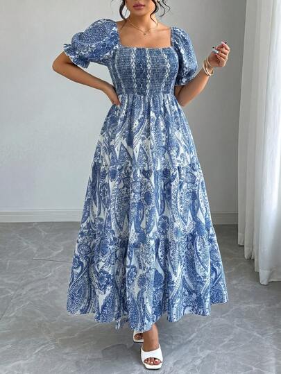 Elenzga Plus Size Women Elegant Square Neck Ditsy Floral High Waist Ruffle Hem Dress