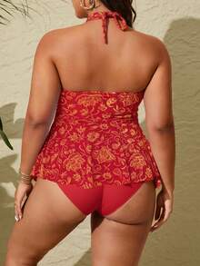 Swim Lushoire Conjunto de bikini de 2 piezas con tirantes finos y espalda descubierta, con estampado multicolor, talla grande - Rojo - Ver 2