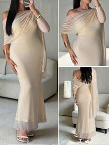 Modelyn Plus Size Women's Solid Color Ruched Asymmetric Shoulder Fitted Elegant Dress - Apricot - View 2