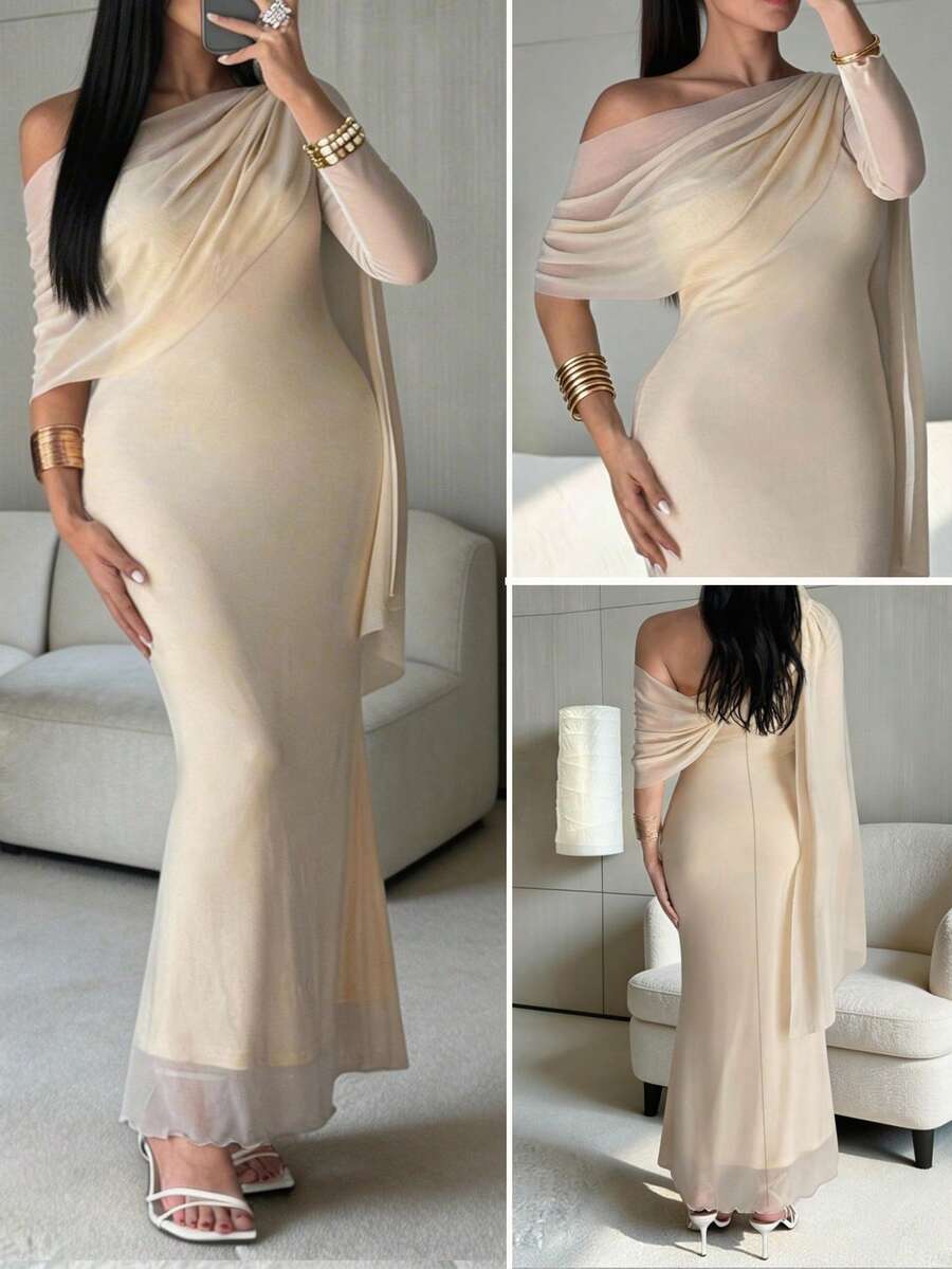 Modelyn Plus Size Women's Solid Color Ruched Asymmetric Shoulder Fitted Elegant Dress