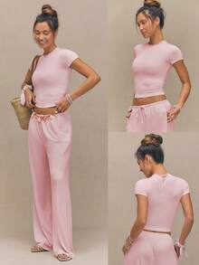 SoftCalm Modal SleekFit Stretchy Breathable Hip Length Short Sleeve Slim Fit Crew Neck Tee Daily Casual Summer Wear - Pink - View 6