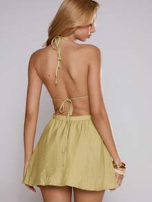 MUSERA Vestido mini con escote profundo, busto fruncido, cuello halter, volantes en el bajo y falda acampanada, lindo y sexy para vacaciones, verano, primavera y festivales - Verde - Ver 4