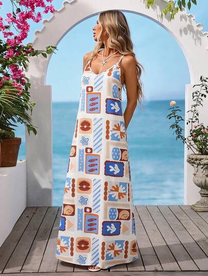 Vivid Eden Women's Summer Beach Daily Vacation Romantic Casual Vacation Ocean Life Plaid Print Loose Comfortable Spaghetti Strap Dress