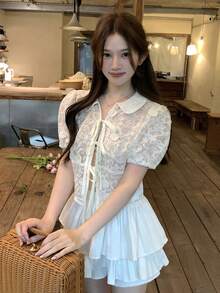 DAZY 女士荷叶边领短袖系带衬衫，韩版夏季 - 白色 - 查看 5