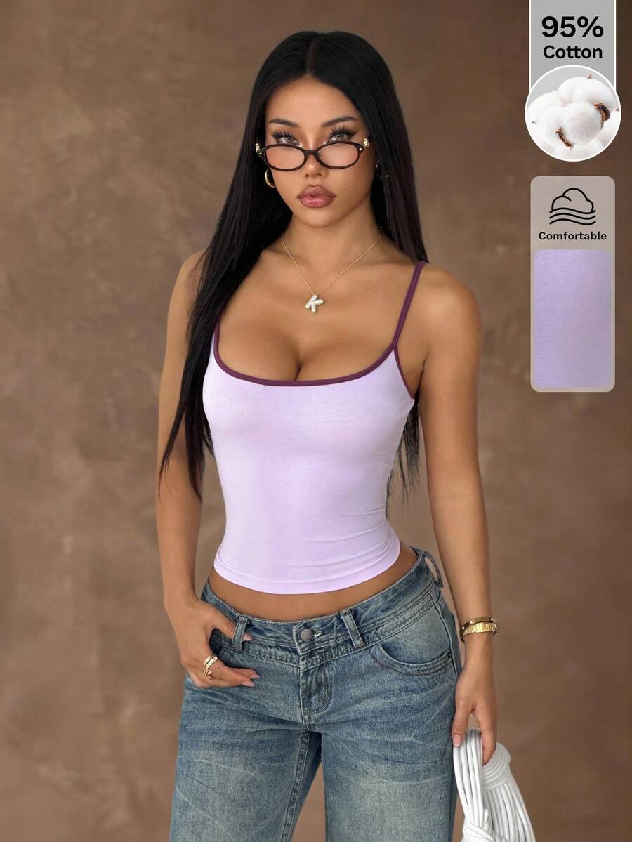SHEIN PETITE Áo Cami nữ mùa xuân/hè phối màu hồng, dáng ôm, hở lưng, kiểu dáng cơ bản/Mùa hè/Nghỉ xuân/Đi biển/Đi chơi/Kiểu thập niên 2000/Áo hồng - Hồng - Xem 1