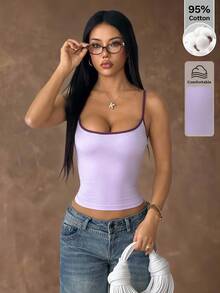 SHEIN PETITE Áo Cami nữ mùa xuân/hè phối màu hồng, dáng ôm, hở lưng, kiểu dáng cơ bản/Mùa hè/Nghỉ xuân/Đi biển/Đi chơi/Kiểu thập niên 2000/Áo hồng - Hồng - Xem 6