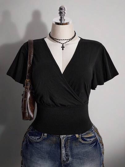 SHEIN ICON Áo thun nữ cỡ lớn cổ chữ V tay bồng