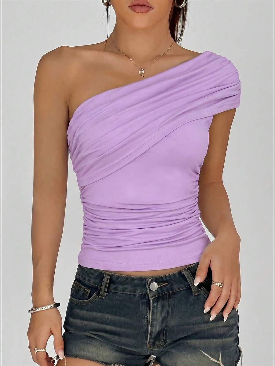 SHEIN EZwear 女士紫色休闲不对称领衬衫上衣,夏季 - 紫色 - 查看 1
