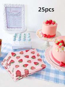 25pcs Strawberry Pattern Pink Disposable Paper Napkins, Birthday Party Supplies, Holiday Christmas Theme, Fruit Dessert Table Decor - multicolor - View 7
