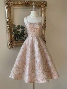 SHEIN Dusty Pink 3D Floral Jacquard Spaghetti Strap Square Neck Midi Dress Women Elegant Summer Layered Wedding Ninang Guest Cocktail Prom Fairycore Dress - Baby Pink - View 3